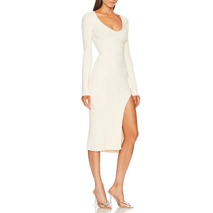 Custom Women's v-neck Long Sleeve Sweater Dresses Sexy Rib Knit Bottoming Autumn Winter Top Tight Slit Skirt Dress For Women