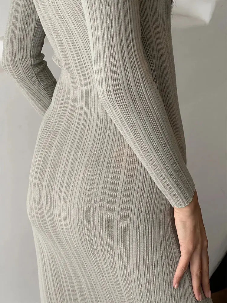 Knitwear manufacturer Custom Long Sleeve Crew neck sweater Robe ladies Rib knit Pit Strip Slim Elegant Women Casual Maxi Dress