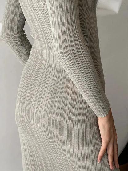 Knitwear manufacturer Custom Long Sleeve Crew neck sweater Robe ladies Rib knit Pit Strip Slim Elegant Women Casual Maxi Dress