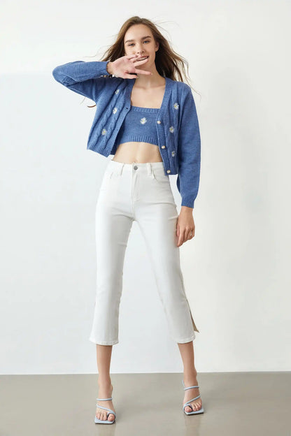 Custom logo oversized knitted embroidery floral cardigan Blue Daisy Button-Up Long Sleeve crop knit Women Cardigan