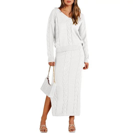 Custom Women's 2 Piece Sweater Winter V neck Oversized cable Long Sleeve Knit Tops and Slit Dress