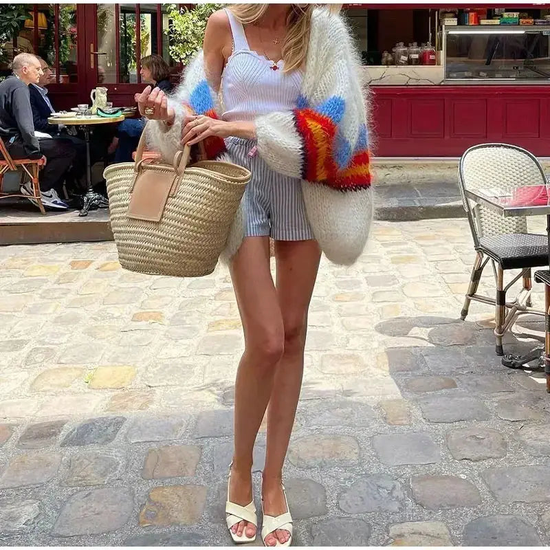 Custom chunky knit oversized striped Cardigan sweater women lady loose knitwear fuzzy long lantern sleeve cardigan for women