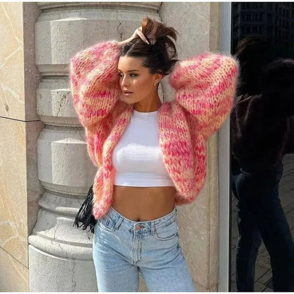 Custom chunky knit oversized Cardigan sweater women lady loose knitwear cropped long lantern sleeve cardigan for women
