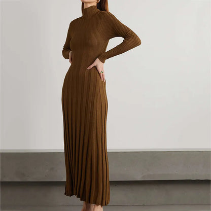 Custom knitwear mufacturers Brown Rib Knit Turtleneck Maxi Dress Winter Long sleeve Pleated dress Sweater Dress women Clothing