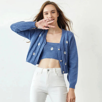 Custom logo oversized knitted embroidery floral cardigan Blue Daisy Button-Up Long Sleeve crop knit Women Cardigan