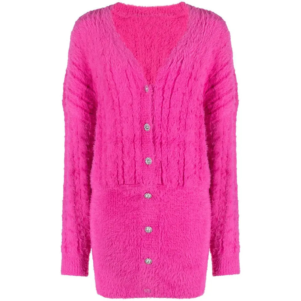 Winter High Quality Custom pink fuzzy sweater dress V Neck Sexy Knitted Long Sleeve Mini Sweater Dress for Women