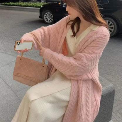 Autumn and Winter Knitted Fashion Simple Loose Twist Maxi Sweater Coat Cardigan for Women
