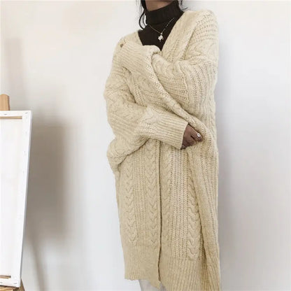 Autumn and Winter Knitted Fashion Simple Loose Twist Maxi Sweater Coat Cardigan for Women
