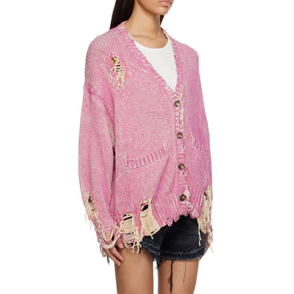 Knitwear Custom oversized Women sweater Fashion Pullover Distressed Knitted cardigan Winter Pink cardigan Sweater for women