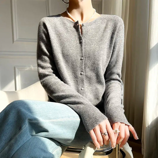 Custom Women Knitted Sweater wool cardigan Women knitwear Gray crew neck long sleeve Sweater for Women