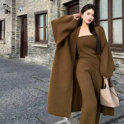 Top Fashion Winter Wool Cashmere Three-piece Set Women's Clothing Formal Tube Pullover Sweater Long Cardigan Loose Pants Sets
