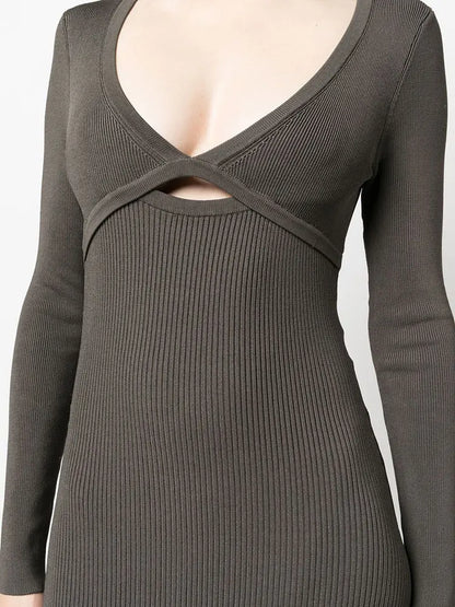 knitwear manufacturer custom dark grey Rib Soft Knit Dresses midi cut-out Wrap Dress Short fall sweater dress women clothing