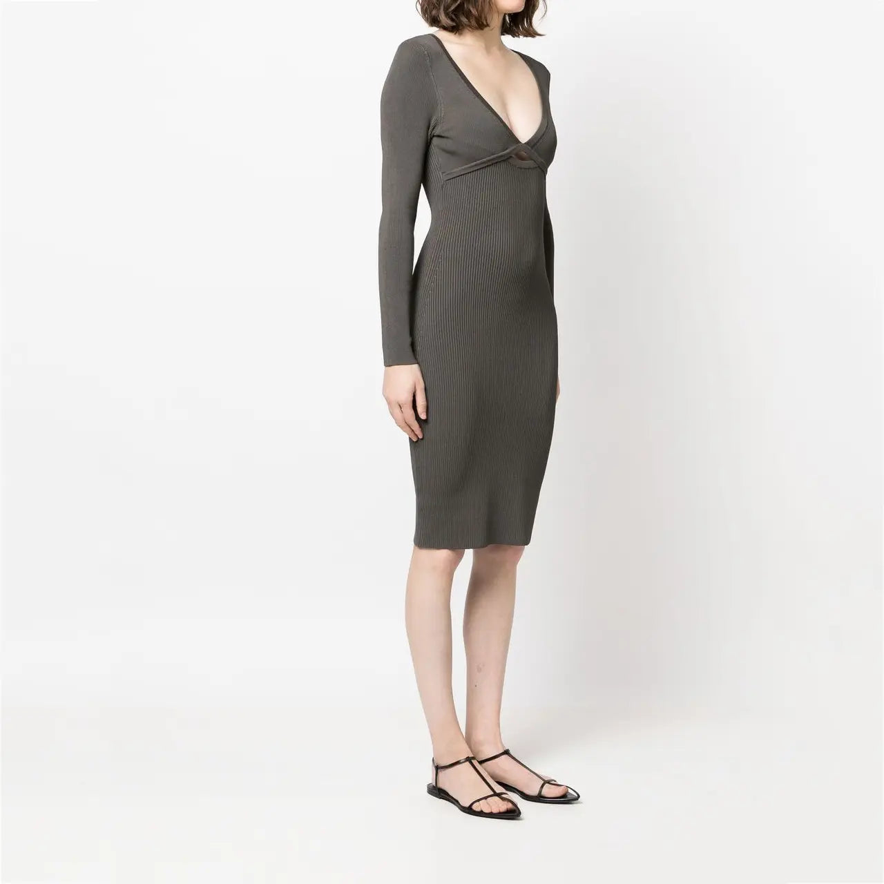 knitwear manufacturer custom dark grey Rib Soft Knit Dresses midi cut-out Wrap Dress Short fall sweater dress women clothing