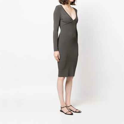 knitwear manufacturer custom dark grey Rib Soft Knit Dresses midi cut-out Wrap Dress Short fall sweater dress women clothing
