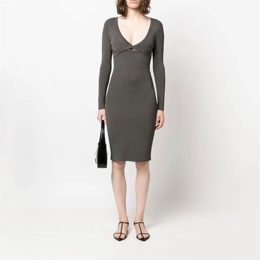 knitwear manufacturer custom dark grey Rib Soft Knit Dresses midi cut-out Wrap Dress Short fall sweater dress women clothing