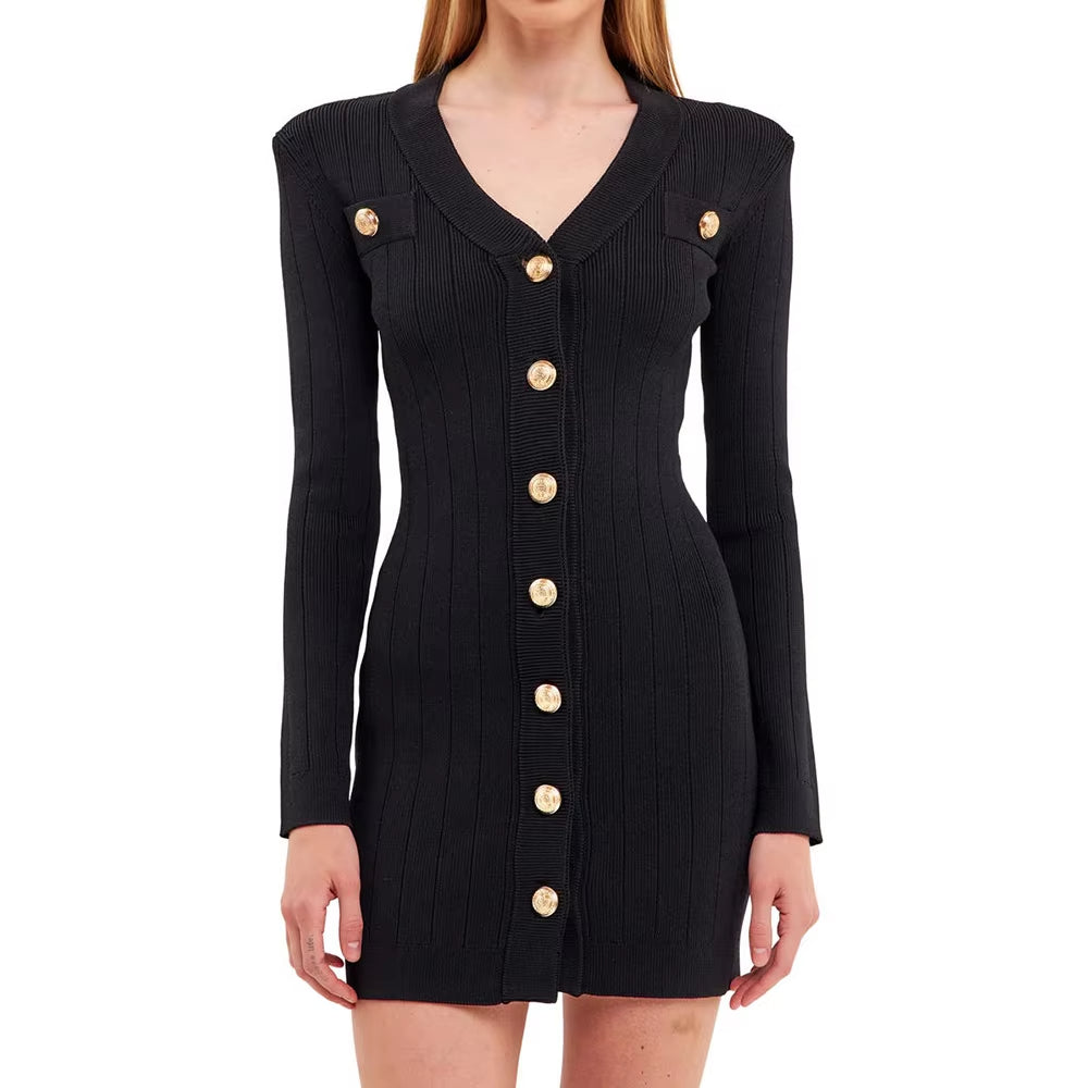 Elegant V Neck Midi Knitted Knit Dress