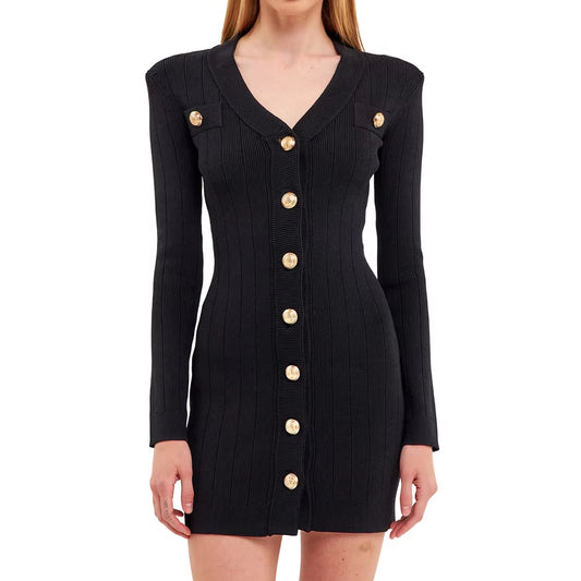 Elegant V Neck Midi Knitted Knit Dress